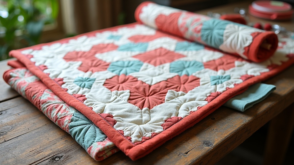 Quilt with perfectly bound edges, showing the stitching detail and neat mitered corners on a wooden table next to binding supplies
