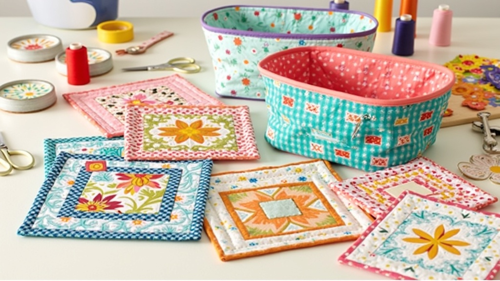 Various colorful fabric sewing projects including pouches, garments, and quilts displayed on a table beside spools of thread and sewing tools.